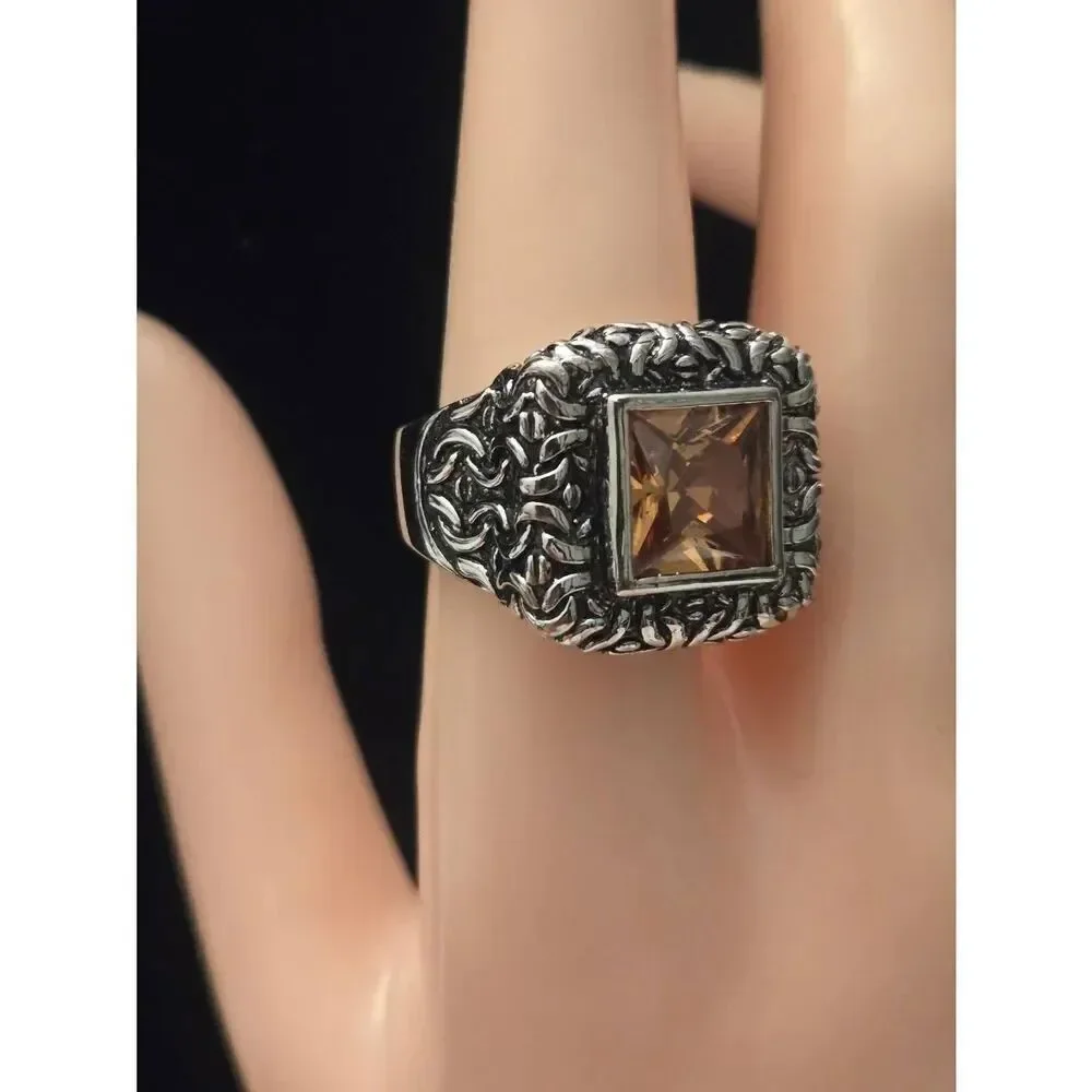 Women's Size 9 Amber Crystal CZ Silver Tone Ring